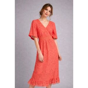 Farm Rio Dress Womens Size Small Coral Lace Ruffle Tropical Pineapple Devore NEW